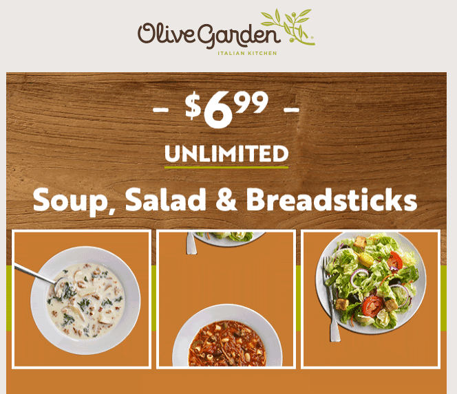 Olive Garden: Unlimited Soup, Salad, & Breadsticks Lunch Combo Just $6. ...