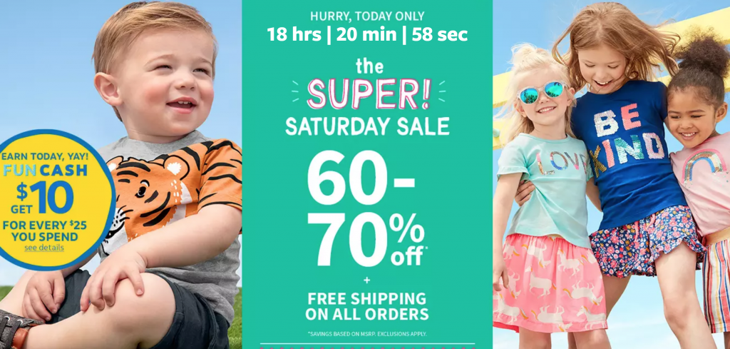 Carters: Super Saturday Sale! Up To 70% Off+Earn Fun Cash+40% Off $20